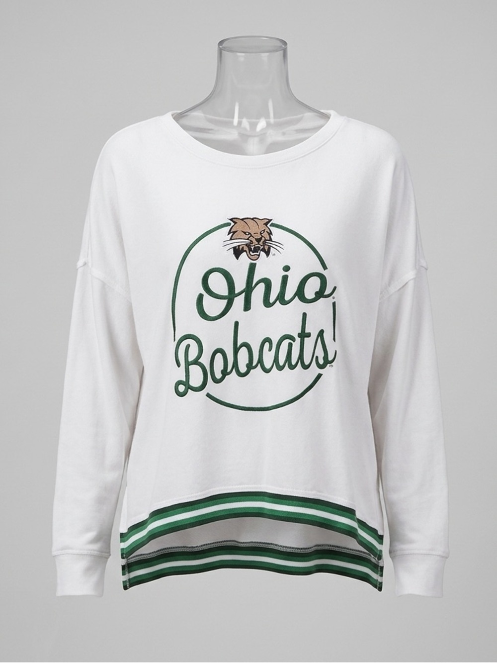 Ohio Bobcats Women’s M Sweatshirt White Green Striped Long Sleeve Pullover - Picture 1 of 6